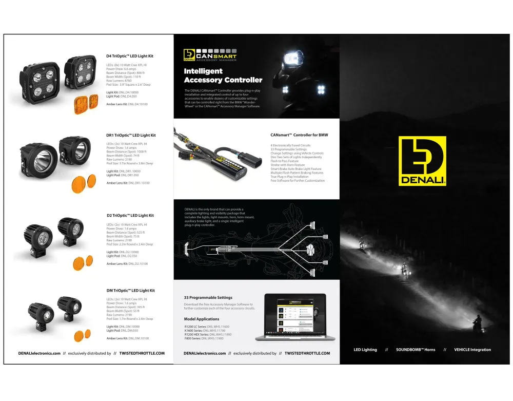 Kolminkertainen tuote-esite DENALI Electronics