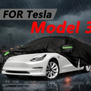 Tesla -malli 3 vetoketjun ovella, musta UV -suojainen tuulenpitävä kansi, kuusi heijastavaa nauhaa yöautojen turvallisuudelle