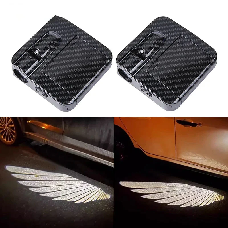 Premium Angel Wings -auton ovien LED-projektorivalot - Langattomat infrapuna-induktio-tervehdysvalot hiilikuitukuvioisella...