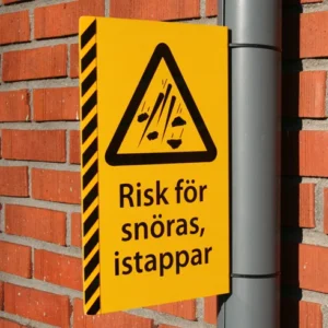 Varoituskyltti, lumivyöry & jääpuikot - täydellinen kiinnikkeellä
