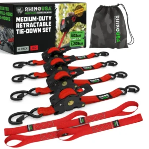 Rhino USA Retractable Ratchet Straps (4Pk 1Inx10Ft) (Red)